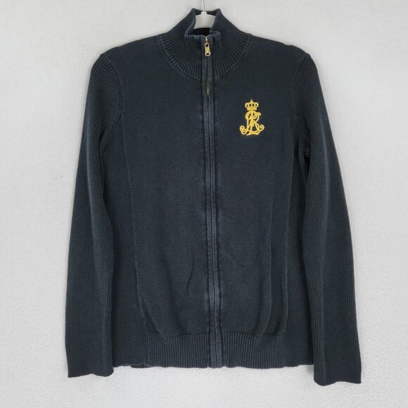 Ralph Lauren Jacket Womens Large LRL Faded Black Monogram Full Zip Knit Sweater - Picture 1 of 10